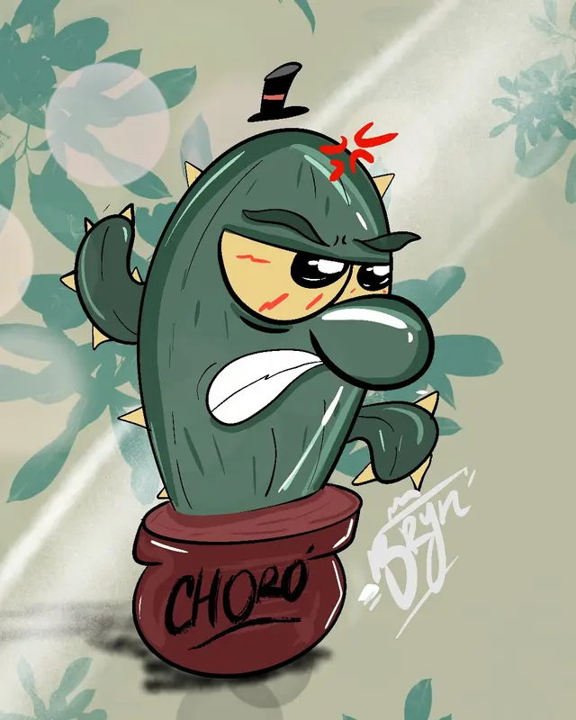 Cactus enojado con sombrero de copa en una matera que dice CHORO