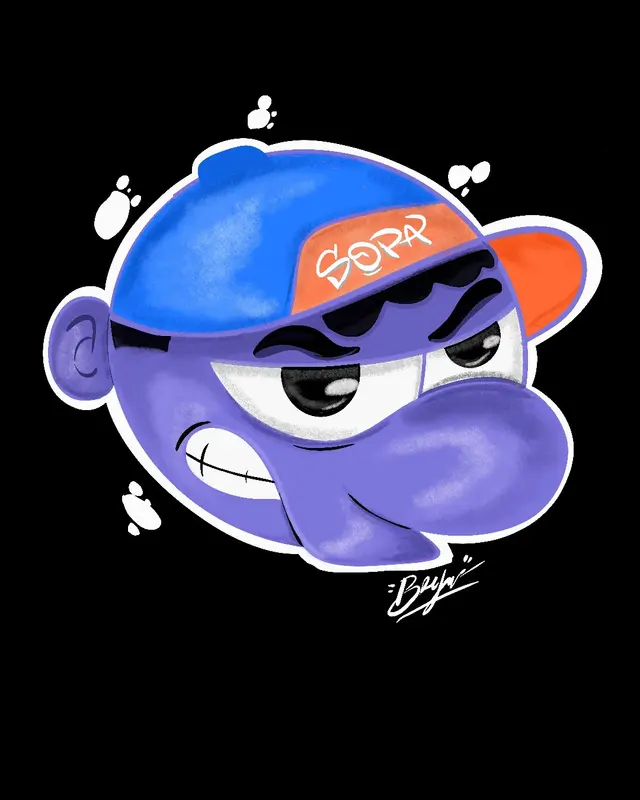 Cabeza morada con gorra que dice SOAP, sobre fondo negro, estilo sticker