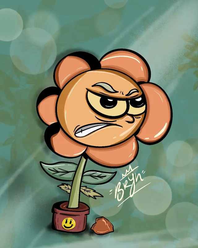 Flor naranja malhumorada en una maceta con carita feliz