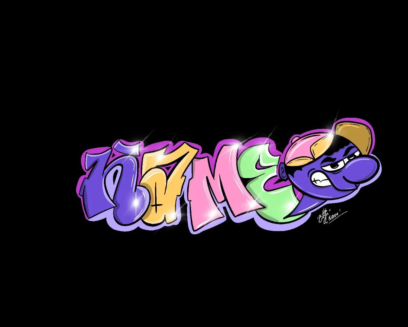 Pieza de graffiti y lettering con personaje, sobre fondo negro