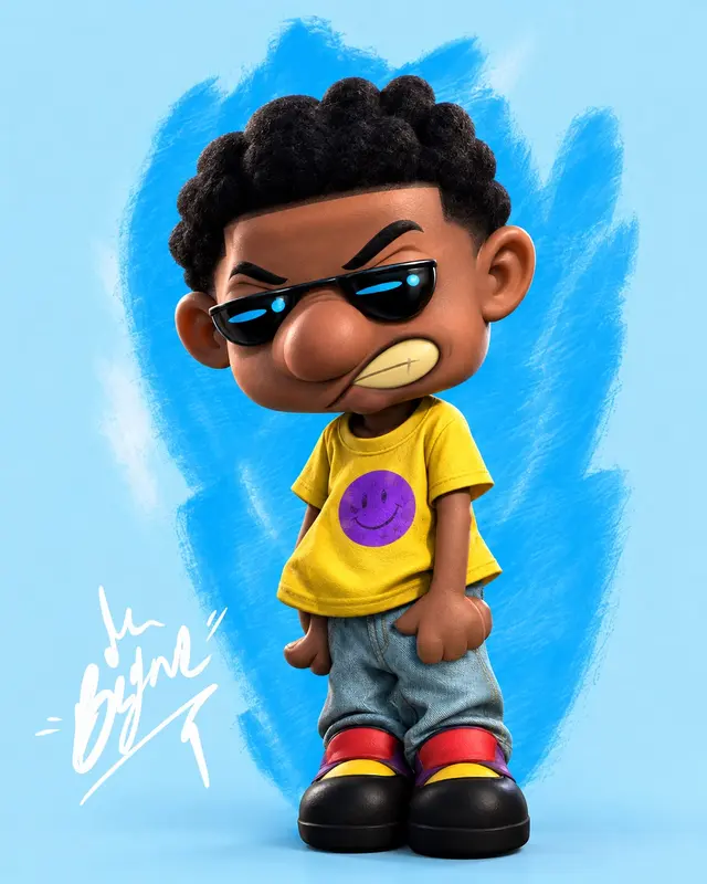 Personaje con gafas oscuras, camiseta amarilla con carita sonriente morada, jean y tenis, sobre fondo azul cielo con brochazo