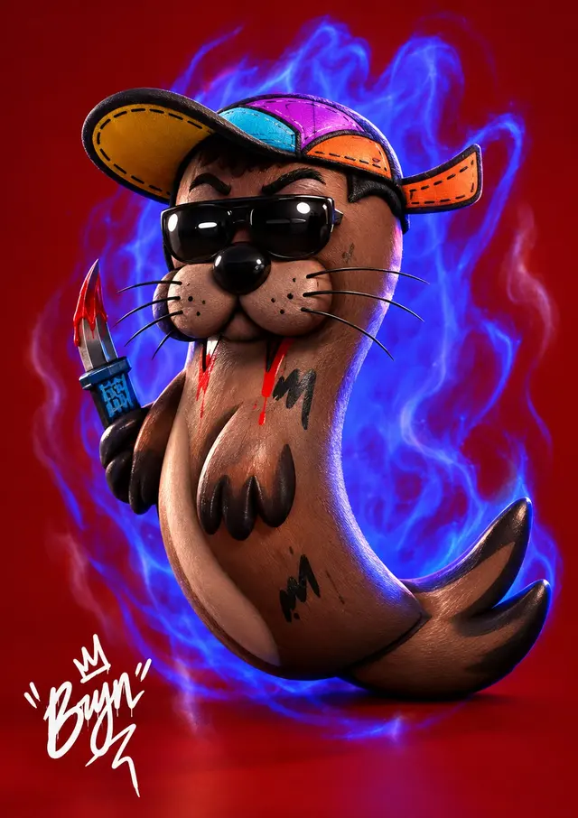 Foca con gorra multicolor y gafas sosteniendo un pincel con pintura roja, sobre fondo rojo con fuego azul y morado