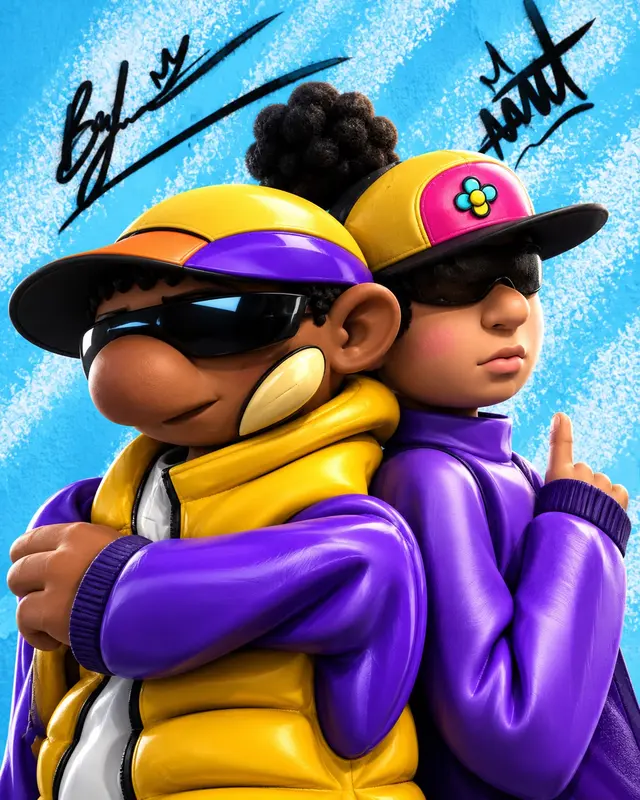 Dúo espalda con espalda con chaquetas puffer morada y amarilla y gorras, sobre fondo azul con firmas