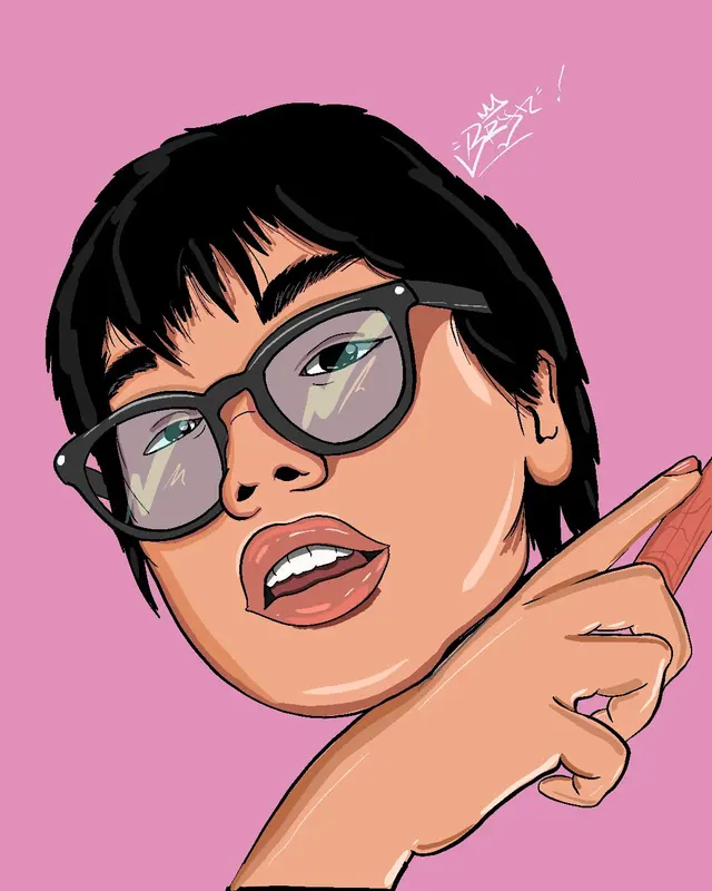 Retrato ilustrado de una chica con gafas y flequillo señalando, fondo rosado