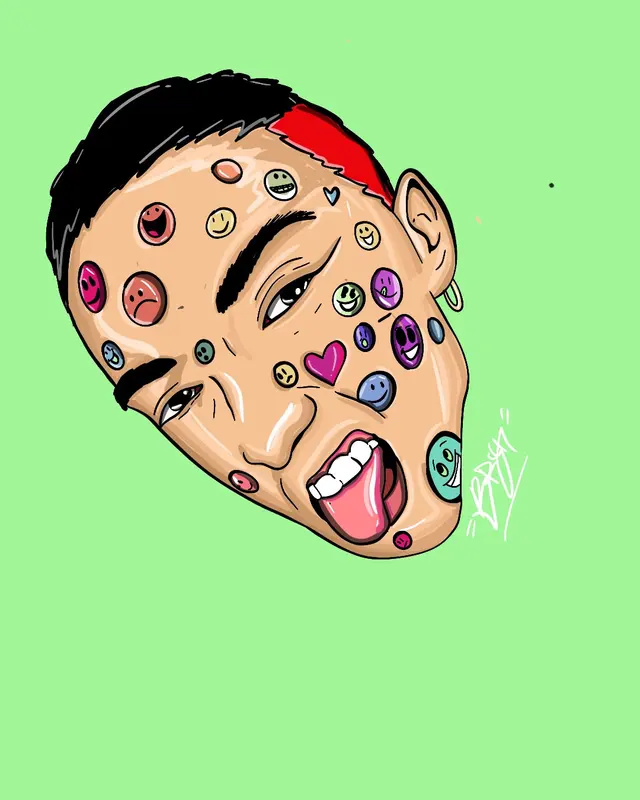 Retrato ilustrado de un rostro cubierto de stickers de caritas, con la lengua afuera, fondo verde
