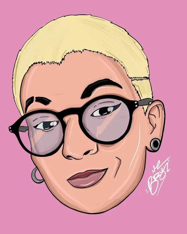 Retrato ilustrado de una persona de pelo rubio corto con gafas redondas, fondo rosado