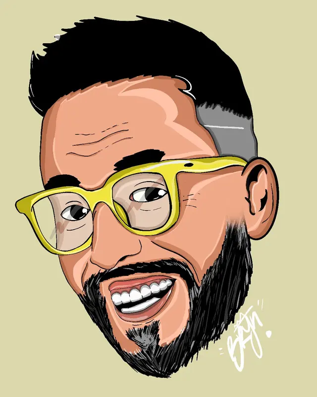 Retrato ilustrado de un hombre con gafas amarillas sonriendo, fondo beige
